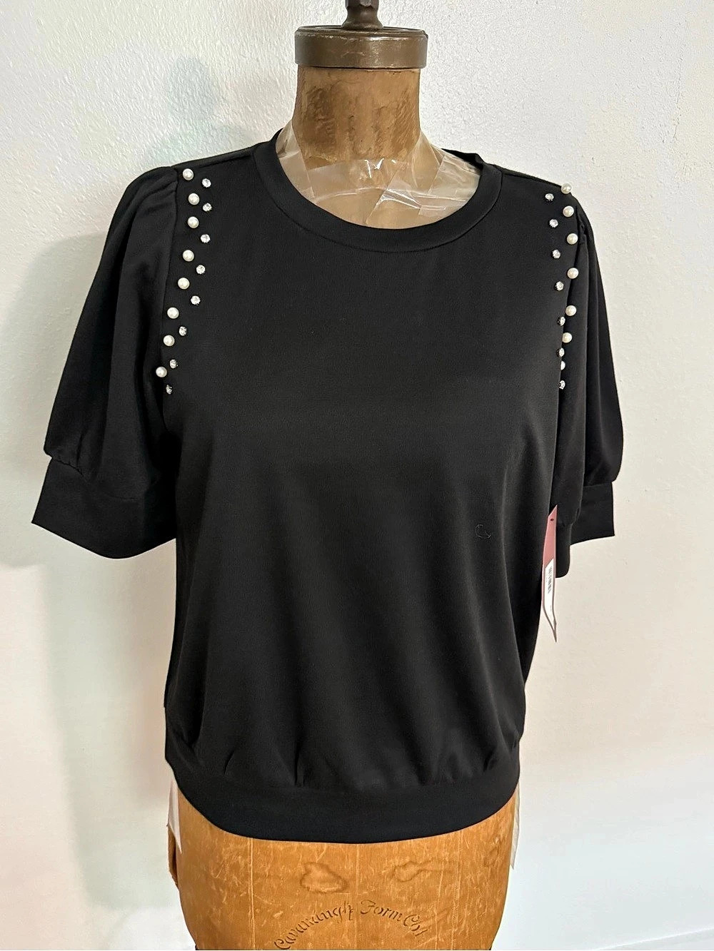 Love Scarlett Embellished Puff Sleeve Blouse Black Medium NWT